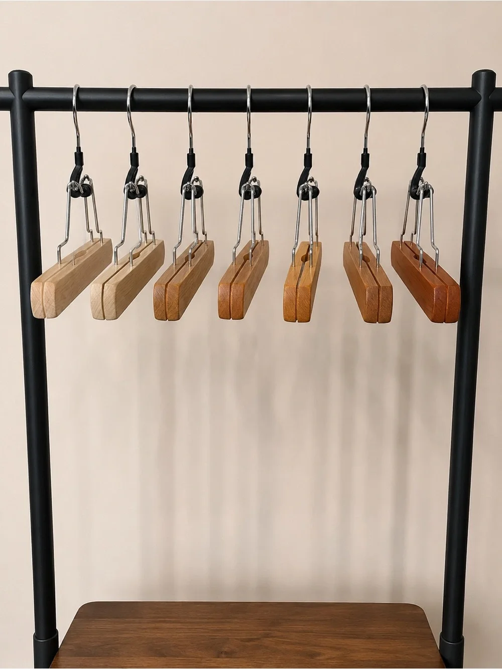 Set of 7 Wooden Clamp Hangers Assorted Wood Skirt Pants Closet Storage